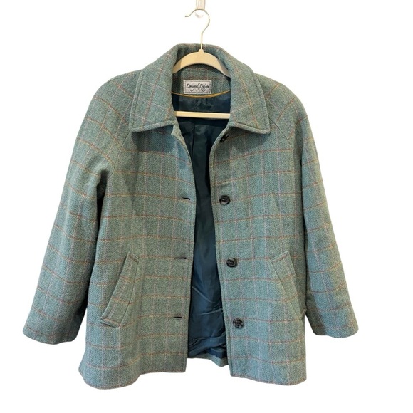 Donegal Design Ireland Irish 100% Wool Green Blue Plaid Pea Coat Jacket Small - Picture 2 of 9